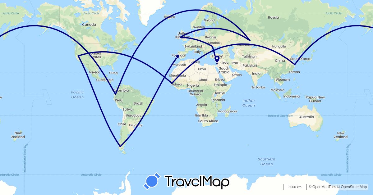 TravelMap itinerary: driving in Argentina, China, Ecuador, Guinea-Bissau, Ireland, Israel, Kazakhstan, Moldova, Portugal, United States (Africa, Asia, Europe, North America, South America)